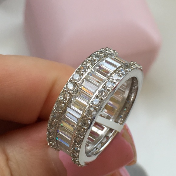14k white gold Eternity wedding band baguette 925 - Picture 3 of 8